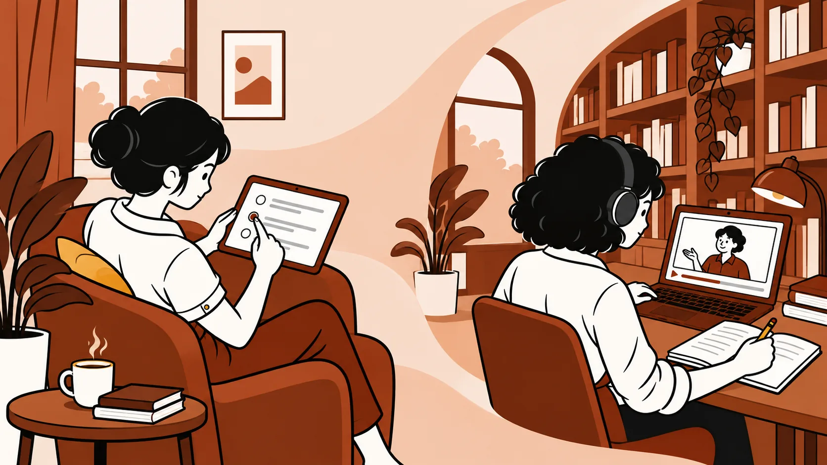 Pessoa responde atividades no tablet em casa; em uma biblioteca, outra acompanha uma videoaula no notebook e faz anotações. Formas curvas conectam os ambientes em terracota.