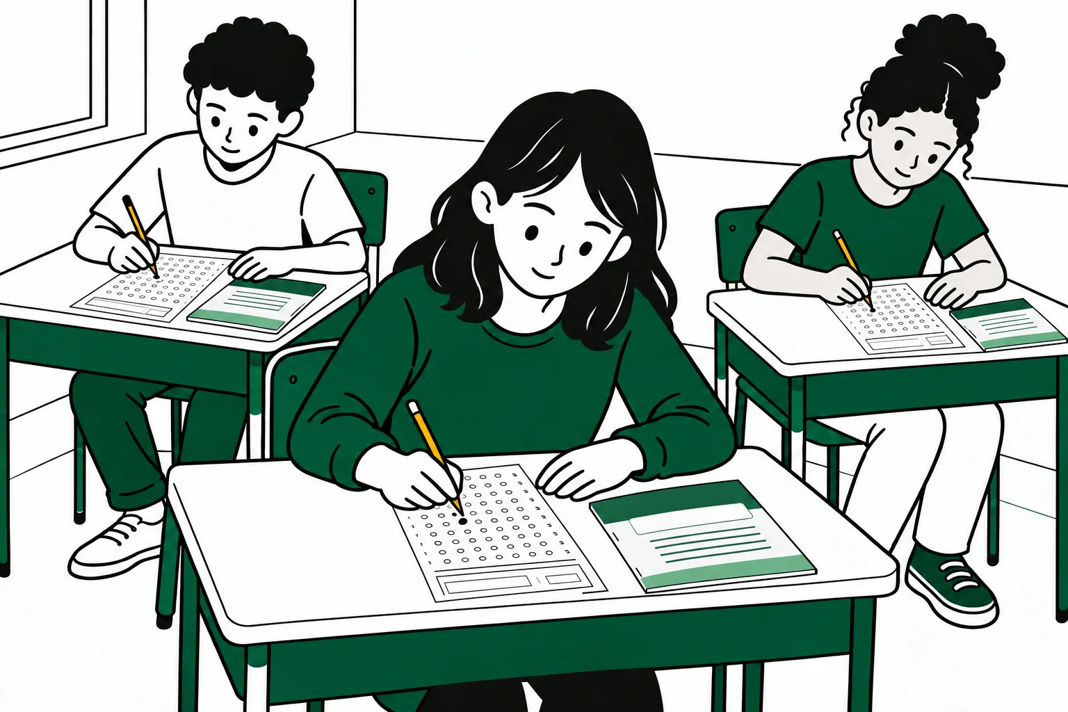 Três alunos fazem uma avaliação presencial, com cartões de respostas orientados para eles e cadernos de prova verdes e brancos ao lado.